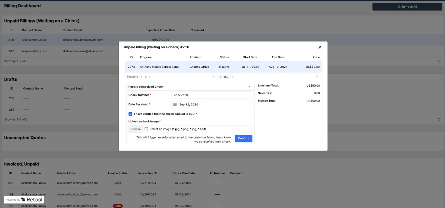 Visuel de la solution de facturation Retool sur mesure pour un éditeur SaaS