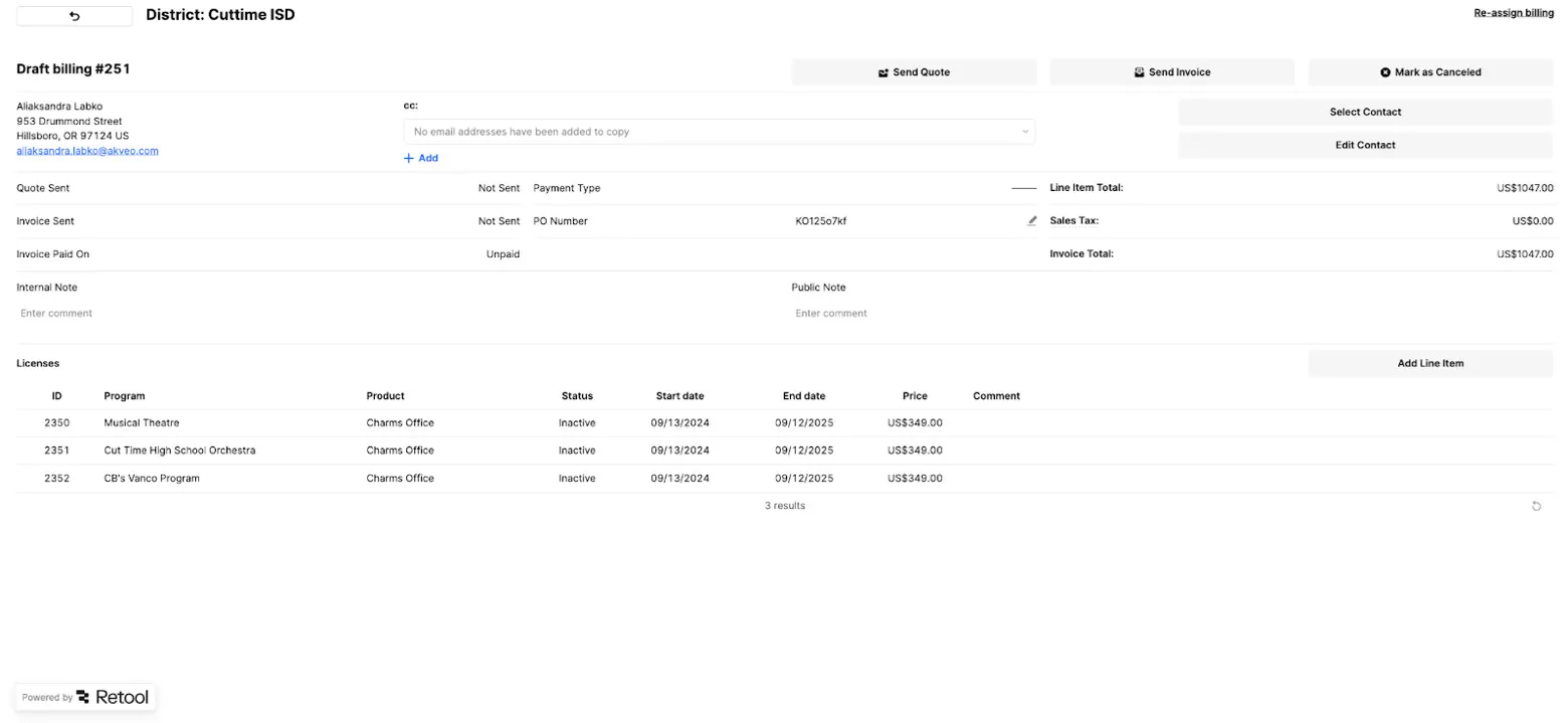 Visuel de la solution de facturation Retool sur mesure pour un éditeur SaaS