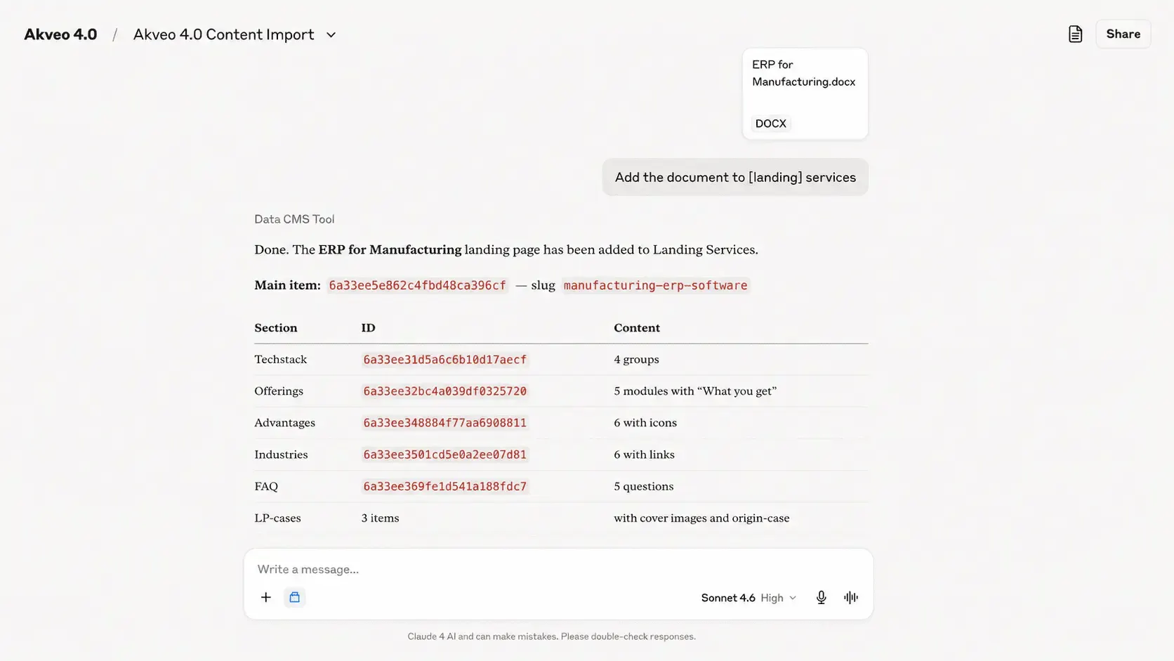 Content Upload Example using Claude and Webflow MCP connector. Source: Claude.