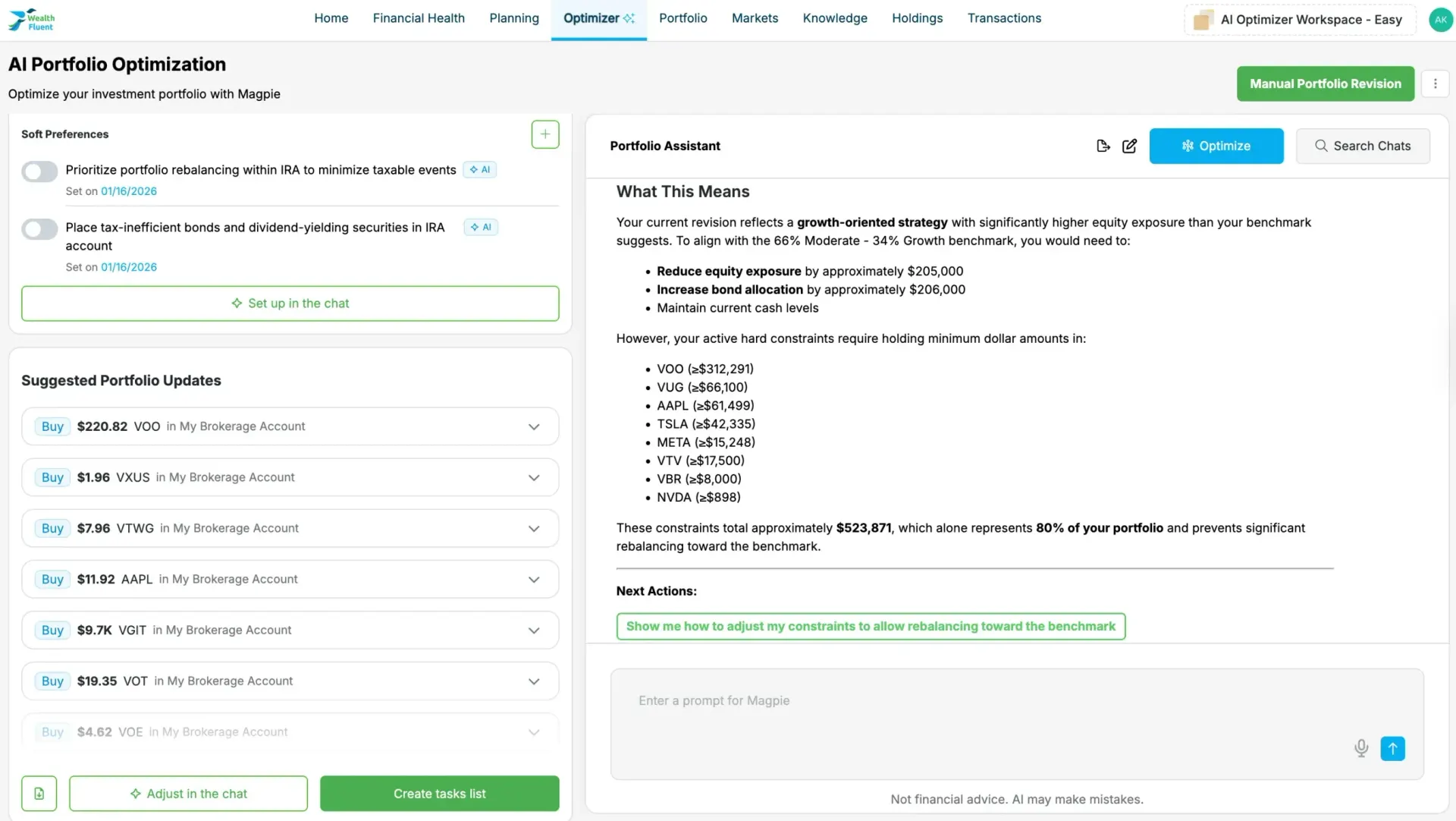 Screenshot of the software interface of portfolio optimization agent from case study of Akveo