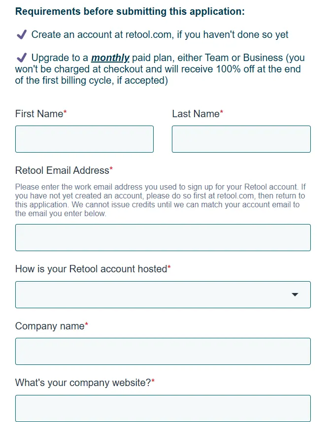 Retool for startups submition form